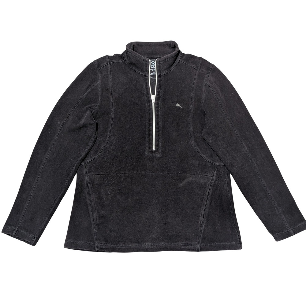 Tommy Bahama Pullover Women L Black 1/4 Zip Fleece Side Pockets Casual Coastal